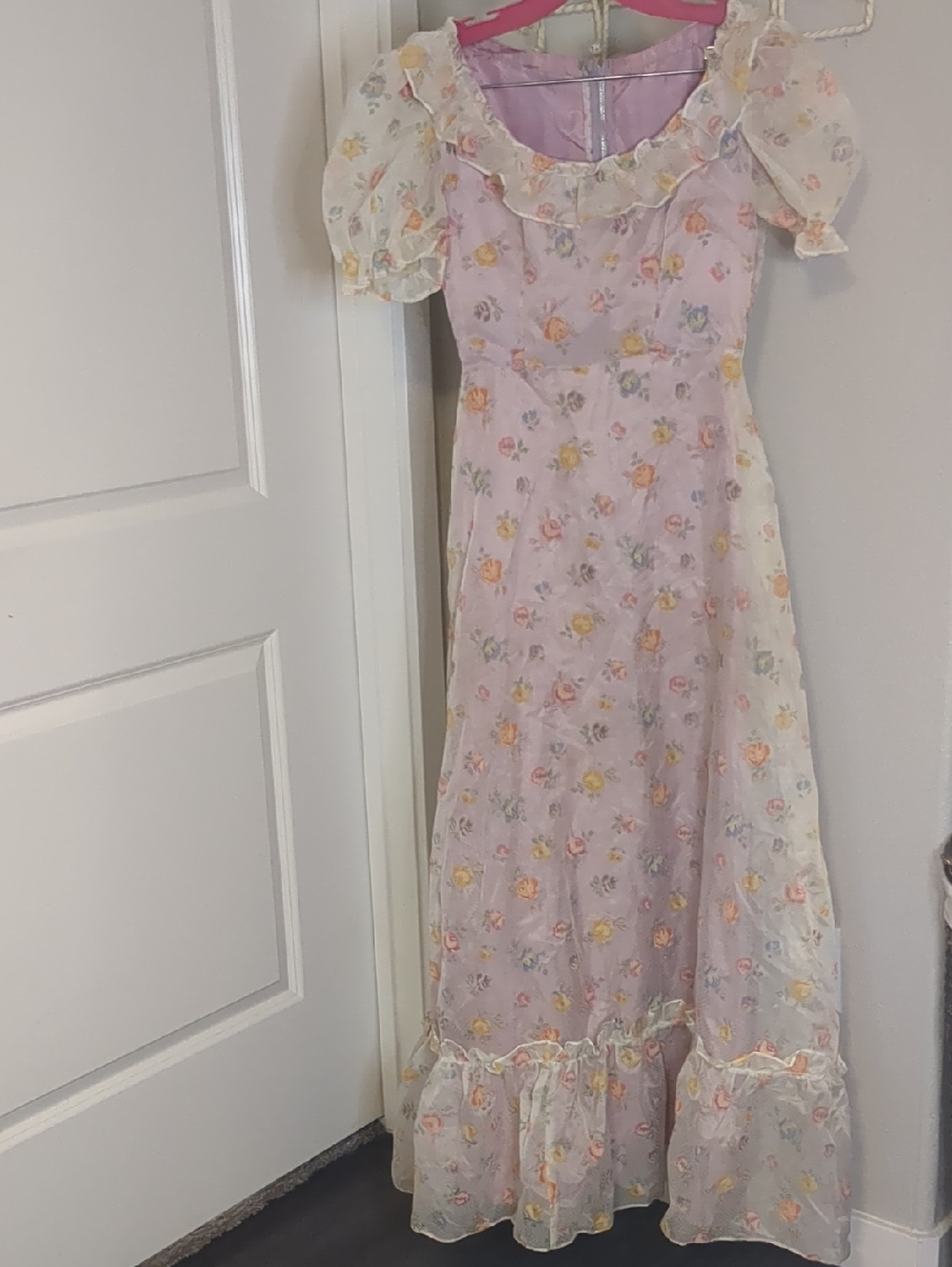 Vintag 70s Maxi Dress Prairie Gunne Style Floral Swiss Dot Pink Purple Sz Small - Picture 6 of 15